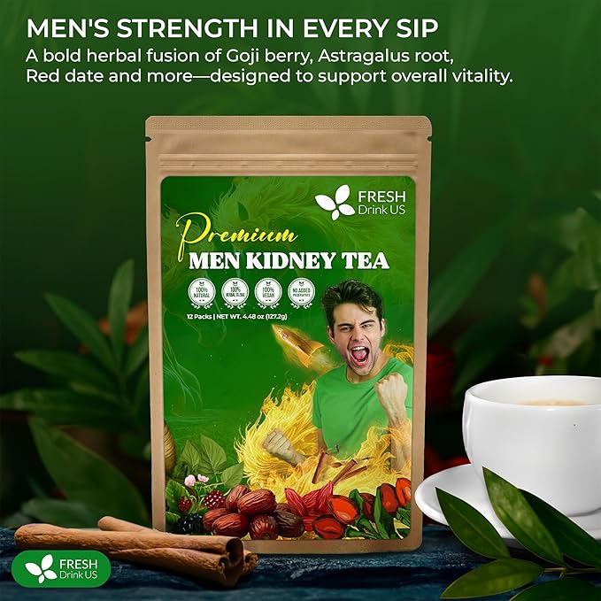 FreshDrinkUS, 12 Packs of Premium Herbal Kidney Support Tea – Ginseng Six Treasure Blend, 9 Powerful Ingredients, 10g/Bag – Men's Wellness Tea with Ginseng and Five Treasure Aid Root.
