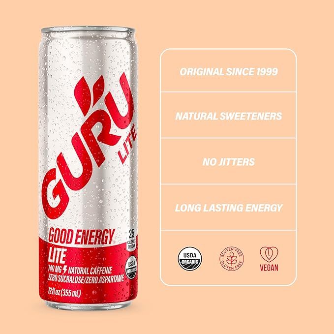 GURU Lite Organic Energy Drinks, Clean Energy Drink with Plant Based Natural Caffeine from Green Tea, Low Calorie, Gluten Free and Vegan, 140MG Caffeine, Healthy Drinks, 12oz (Pack of 24)