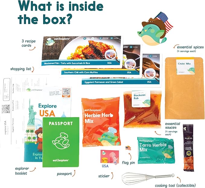 eat2explore Cooking Kits for Kids – Interactive & Educational Kids Cooking Sets Real for Ages 5 and Up,3 Recipe Cards & Global Ingredients – Fun Gift for Young Chefs (USA Edition)