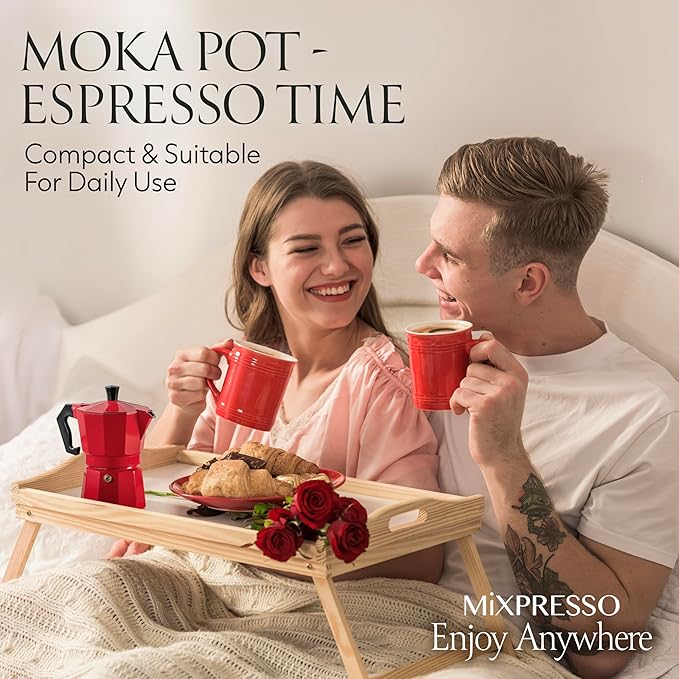 Mixpresso Red 3 Cup Moka Pot Cuban Coffee Maker, Moka Pot for Gas, Electric Stove Top, Classic Italian Coffee Maker, Stovetop Espresso Maker, Camping Pot Makes 3 Espresso Cup 5 Oz - Mug 4.4 Oz