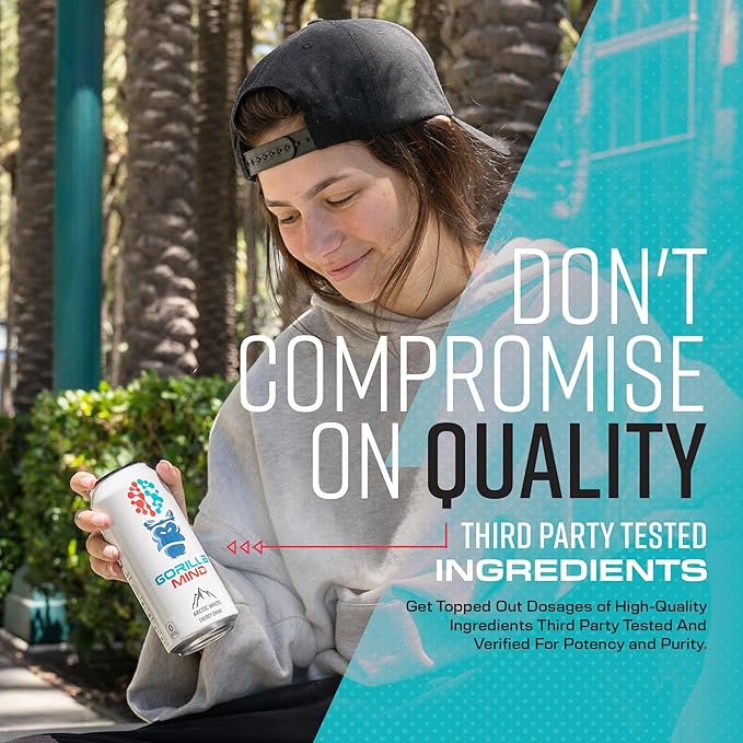Gorilla Mind Energy Drink | Unmatched Energy · Amplified Focus | N-Acetyl-L-Tyrosine, Alpha-GPC, 200mg Caffeine, Uridine, Saffron | 0 Sugar Or Artificial Colors | 16oz, 12-Pack (Tropic Wave)