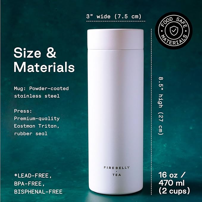Firebelly Tea, Travel Tea Infuser Mug with Strainer, Insulated Tumbler for Loose Leaf Tea or Coffee, Leakproof Bottle for Hot or Iced Drinks, Stainless Steel Thermos with Lid, Blanc