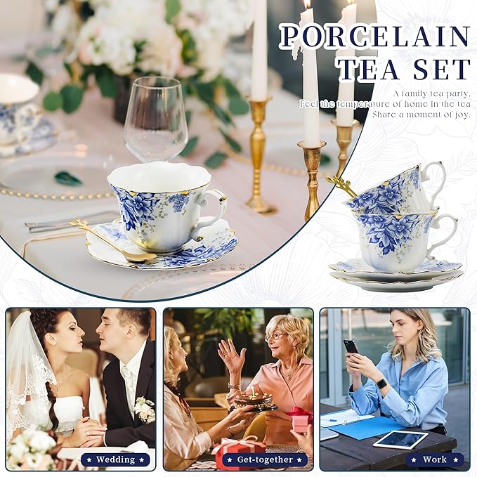 TATSUMI Country Roses Bone China Tea Cup and Saucer Set, 3 Pieces, Vintage Style, For Women and Tea Parties(Rose Blue,1 Set)