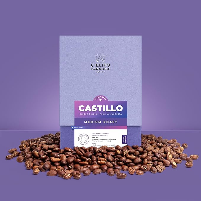 Cielito Paradise Castillo Coffee - Medium Roast Whole Bean from Huila Colombia, Silky with Milk Chocolate, Panela, Cinnamon & Orange, 12oz