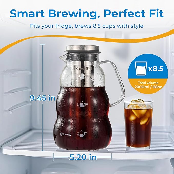 Cold Brew Coffee Pitcher (2.0L/68oz) - Elegant Sleek Wave Borosilicate Glass Pitcher with 100um 304 Stainless Steel Filter & Airtight Lid, Efforless Mannual for Beginner, Sophisticated Gift