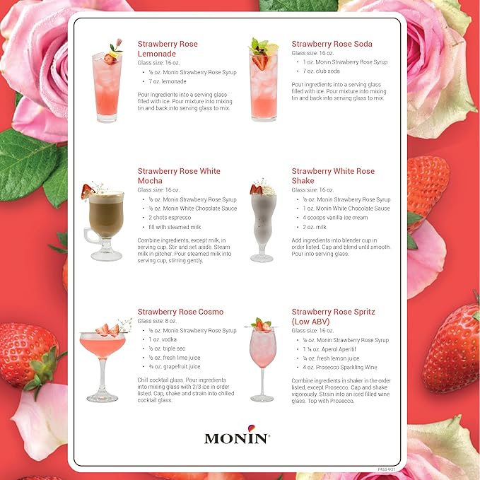 Monin - Strawberry Rose Syrup, Natural Flavoring for Coffee, Lattes, Teas, Lemonades, Cocktails, and More (1 Liter)
