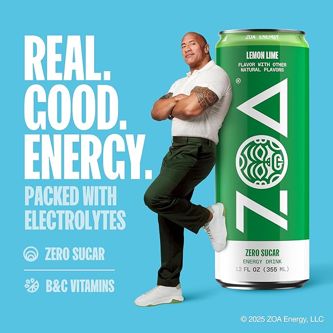 ZOA Energy Sugar Free Energy Drinks With Electrolytes For Hydration, Lemon Lime - 12 Fl Oz (12-Pack)