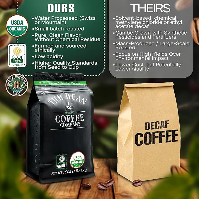 The Bean Organic Coffee Company Water Processed DECAF Caramel, Medium Roast, Ground Coffee, 16-Ounce Bag, Café Molido Tostado Orgánico descafeinado