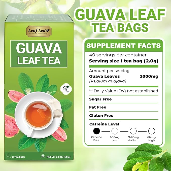 LeafLea Guava Leaf Tea, 80 Fresh-Sealed Tea Bags, Herbal Tea Made from Natural Guava Leaves (Hojas de Guayaba), Digestive Support & Immune Balance, Caffeine-Free, Sugar-Free, Pack of 2