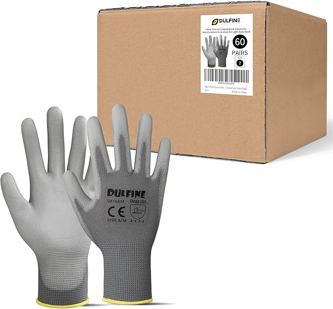 DULFINE Men's Grey Seamless Knit Protective Gloves, 60 Pairs, Medium