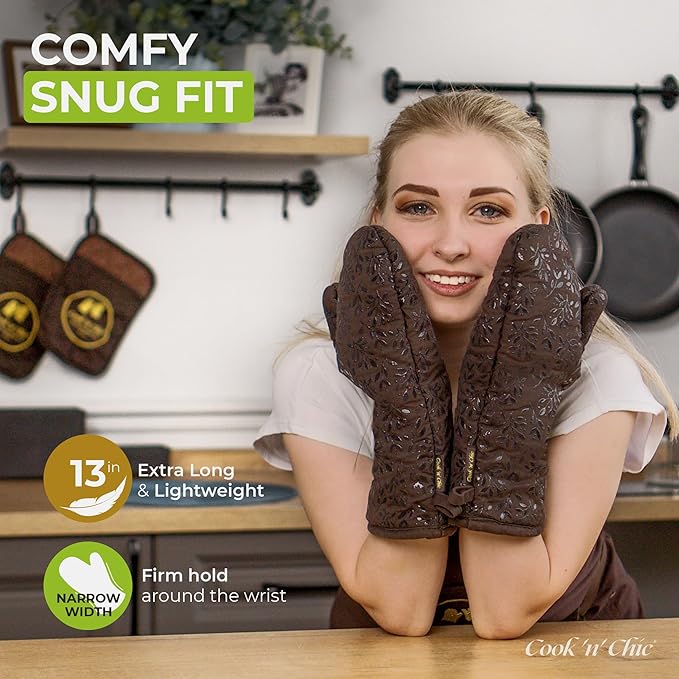 Premium Heat-Resistant Oven Mitts - Stylish and Beautiful - Non-Slip Platinum Silicone Grip - Long and Thick - 100% Natural Cotton Exterior and Soft Terry Cloth Lining - Set of 2 by Cook'n'Chic