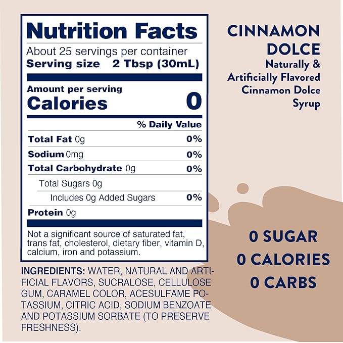 Jordan's Skinny Syrups Sugar Free Coffee Syrup, Cinnamon Dolce Flavor Drink Mix, Zero Calorie Flavoring for Chai Latte, Protein Shake, Food and More, Gluten Free, Keto Friendly, 25.4 Fl Oz, 1 Pack