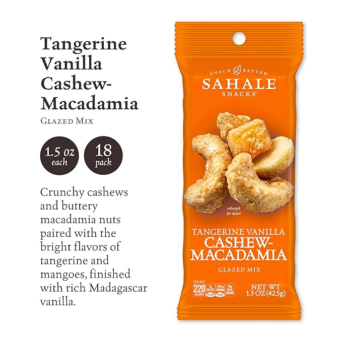 Sahale Snacks Tangerine Vanilla Cashew-Macadamia Glazed Mix,1.5 oz Grab & Go Bags(18 Packs)Dry-Roasted Deluxe Mixed Nuts with Mangoes & Madagascar Vanilla-Non-GMO,Kosher,& Certified Gluten Free Snacks