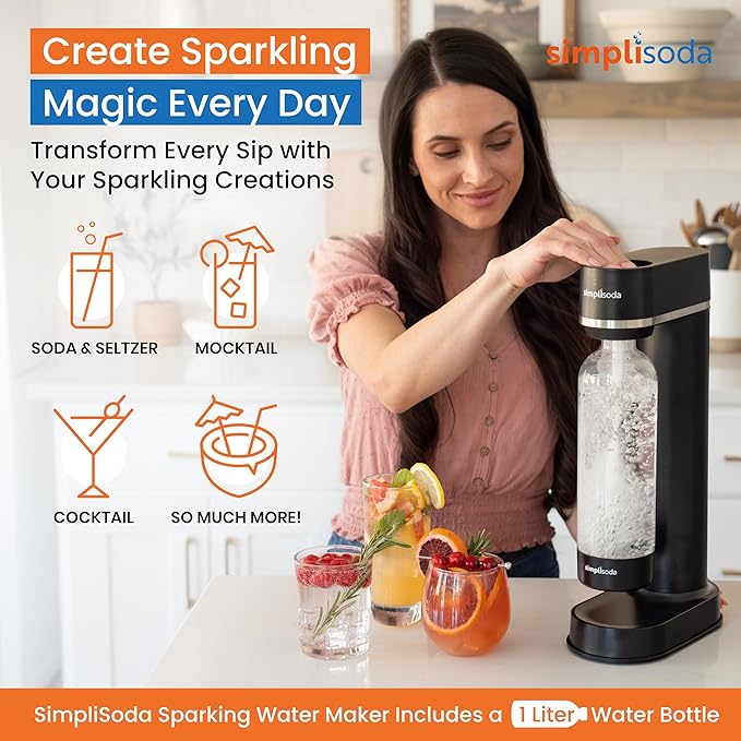 BLÜ Sparkling Water Maker, Premium Soda Streaming Machine, Carbonated Water Machine and Soda Maker - Black (Machine + 2 CO2 Cylinders)