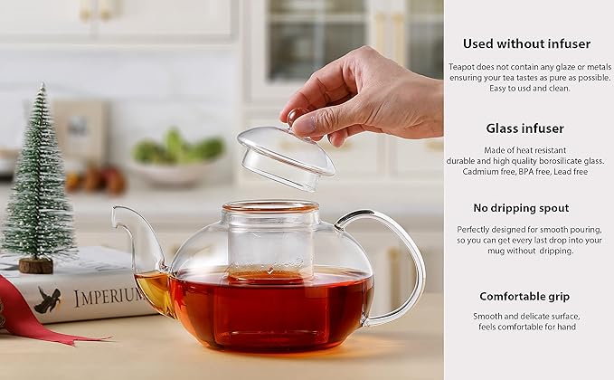 CnGlass 33.8oz Glass Teapot with Removable Infuser,Stovetop Safe Tea Kettle,Blooming & Loose Leaf Tea Pot