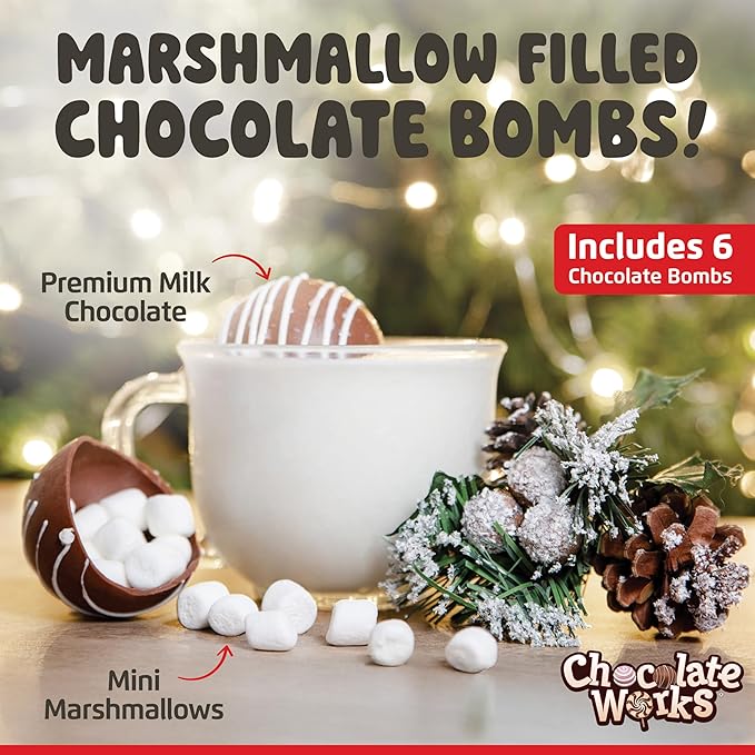 Hot Chocolate Bombs by Chocolate Works, Premium Hot Cocoa Bombs with Marshmallows, Made with Real Milk Chocolate, Dark Chocolate and White Chocolate, Pack of 6 Cocoa Bombs