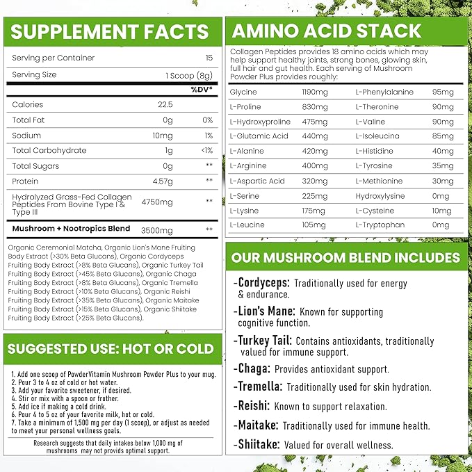 PowderVitamin Organic Ceremonial Mushroom Matcha Certified Pesticide-Free Grass-Fed Collagen Types I & III, 8 Fruiting Body Mushrooms Tested for Beta-Glucans Focus Digestion & Immunity 15 Servings