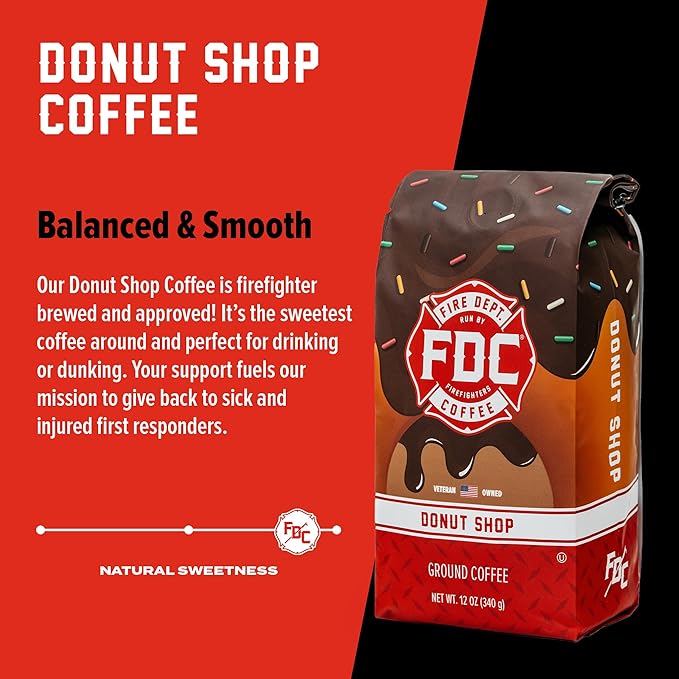 Fire Department Coffee - Gives Back to Firefighters - Sweet & Smooth Donut Shop Coffee Beans - Medium Roast - Roasted in the USA - Veteran Owned - 12 oz