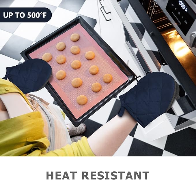 1 Pair Short Oven Mitts - Silicone Kitchen Oven Gloves High Heat Resistant 500℉, Mini Oven Mits with Non-Slip Grip Surfaces and Hanging Loop for BBQ, Baking, Cooking and Grilling (Dark Blue)