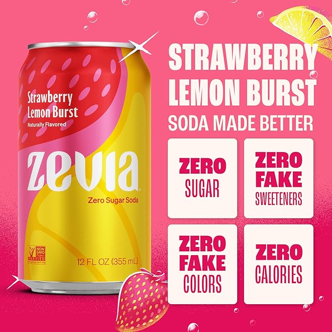 Zevia Zero Sugar Soda, Strawberry Lemon Burst, 12 oz Cans (24-Pack) – Naturally Sweetened, Zero Calorie Sugar Free Soda - Non-GMO Project Verified, Gluten-Free, Vegan