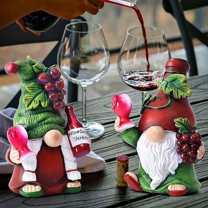 2PCS Wine Gnomes Figurines Home Decor Gnome Gifts for Women Collectible Statue Christmas Decorations for Dining Tables Tiered Pallets Wine Cabinet Living Room
