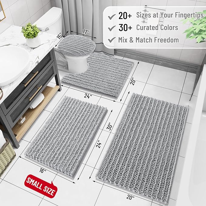 Arotive Luxury Chenille Bathroom Rug Mat, Extra Soft Thick Absorbent Shaggy Bath Rugs, Non-Slip Machine Wash Dry, Plush Bath Mats for Bathroom, Shower and Tub, 54x24, Light Grey