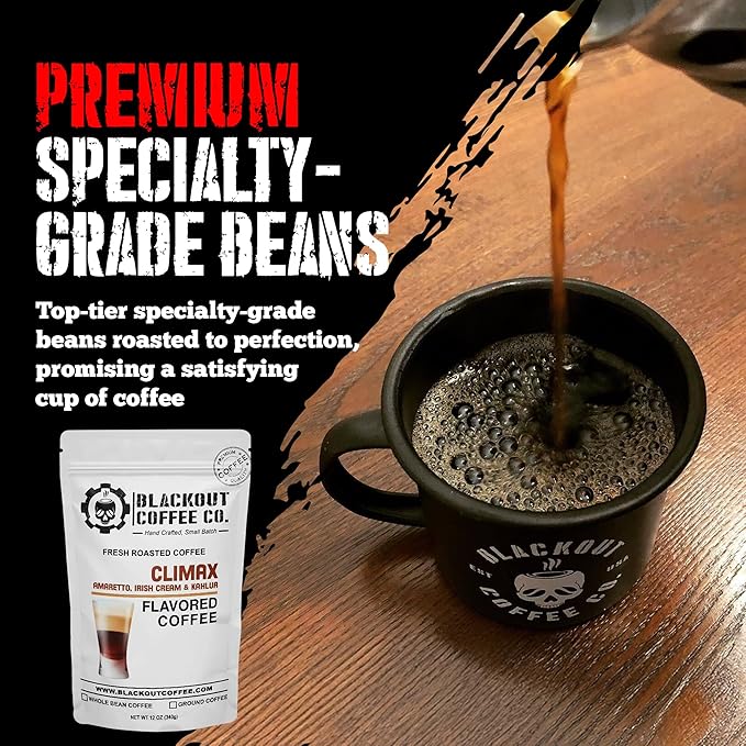 Blackout Coffee Climax Amaretto, Irish Cream & Kahlua Flavored Ground Coffee, Medium Roast - Ground Coffee, Fresh Roasted In the USA,12 oz Pouch