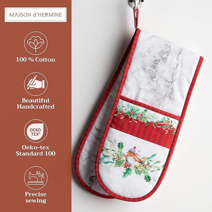 Maison d' Hermine Double Oven Mitts 100% Cotton 7"x35" Double Oven Mitt Heat Resistant BBQ Cooking Gloves with Loop, Baking, Grilling, Home, Kitchen, Handling Hot Pans (Christmas Tradition)