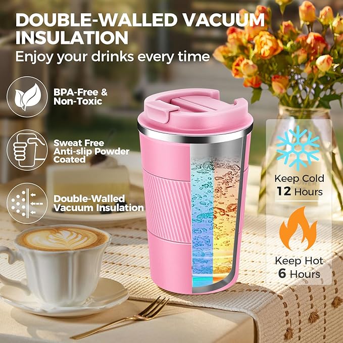 Volhoply 13 oz Stainless Steel Insulated Travel Coffee Mug with Fip Lid Bulk 8 Pack,Reusable Double Wall Vacuum Metal Coffee Cup,Portable Leak Proof Thermal Tumbler for Hot & Cold Drinks(Pink,8)