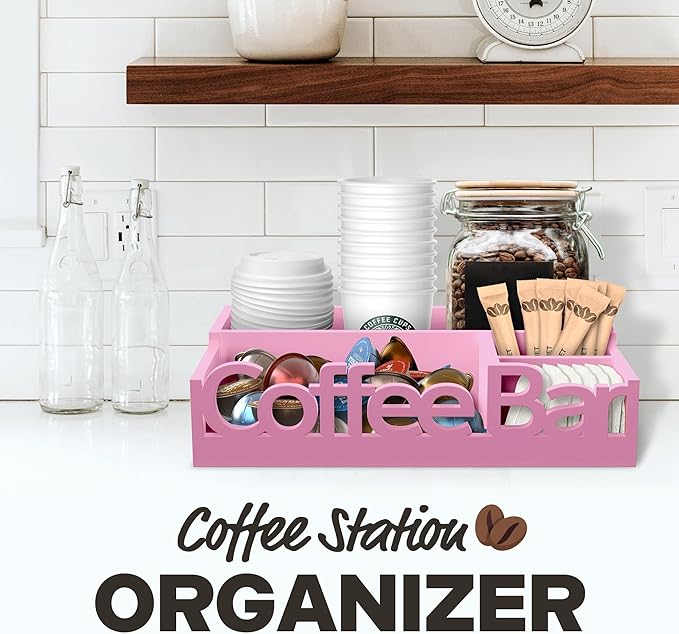 Coffee Bar Organizer - Wood Coffee Pods Holder Storage Basket, Essential Coffee Bar Accessories for Home and Office, Coffee and Tea Condiment Storage Organizer