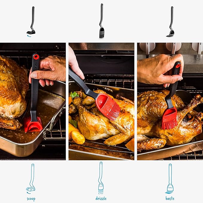 Dreamfarm Brizzle 3-In-1 Flexible Silicone Sit-Up Basting, Drizzle, Scooping Brush with In-Built Sauce Resevoir - Black