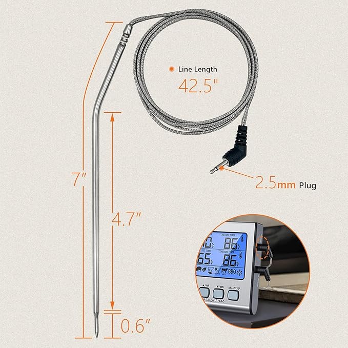 Meat Thermometer Probe Replacement for Thermopro Thermometers TP04, TP06, TP06S, TP07, TP07S, TP08, TP08S, TP09, TP09B, TP10, TP16, TP-16S, TP17, TP20, TP25, 2.5mm