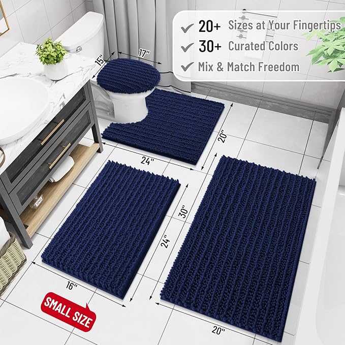 Arotive Luxury Chenille Bathroom Rug Mat, Extra Soft Thick Absorbent Shaggy Bath Rugs, Non-Slip Machine Wash Dry, Plush Bath Mats for Bathroom, Shower and Tub, 47x17, Navy