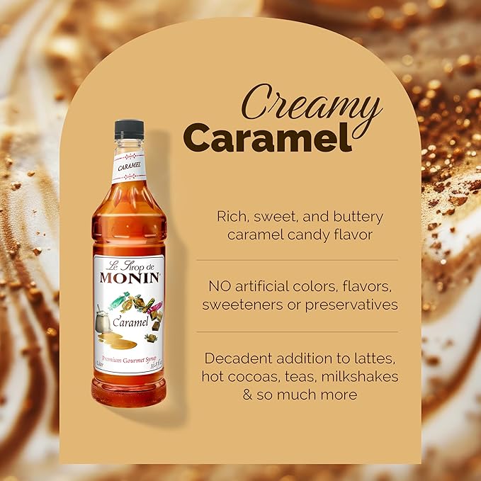 Monin - Caramel Syrup, Rich and Buttery, Great for Desserts, Coffee, and Cocktails, Gluten-Free, Non-GMO (1 Liter)