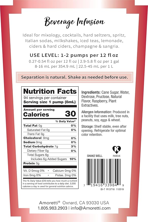 Amoretti - Raspberry Beverage Infusion - Drink Mix & Water Enhancer with Pump for Flavoring Cocktails, Waters, Teas, and other Beverages, Preservative Free