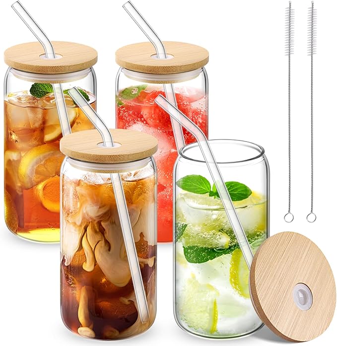 Glass Cups with Lid and Straw, 16oz Beer Glasses Glass Coffee Cups, Iced Coffee Cups with Lid, Glass Tumbler with Straw and Lid (4 PACK)