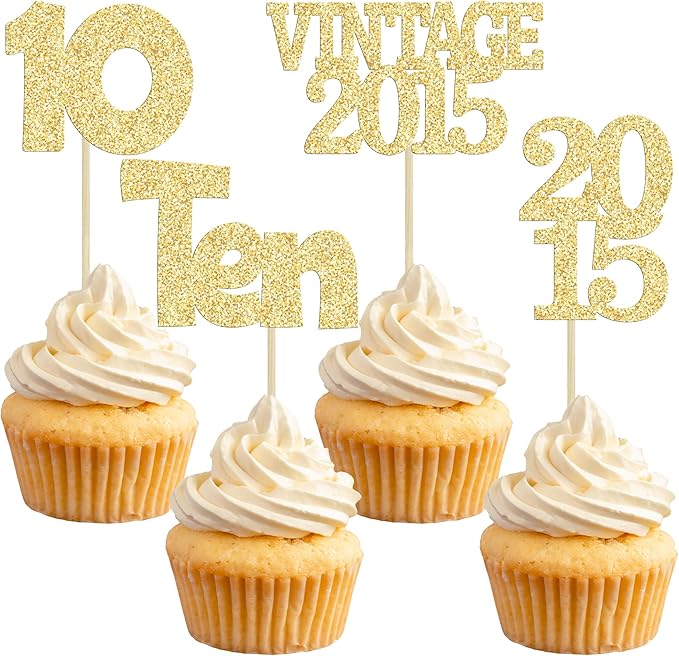 Gyufise 24Pcs Double Digits 10 Cupcake Toppers Glitter Ten Vintage 2015 10th Birthday Cupcake Picks Hello 10 Years Birthday Cake Decorations for Happy 10th Birthday Anniversary Party Supplies Gold