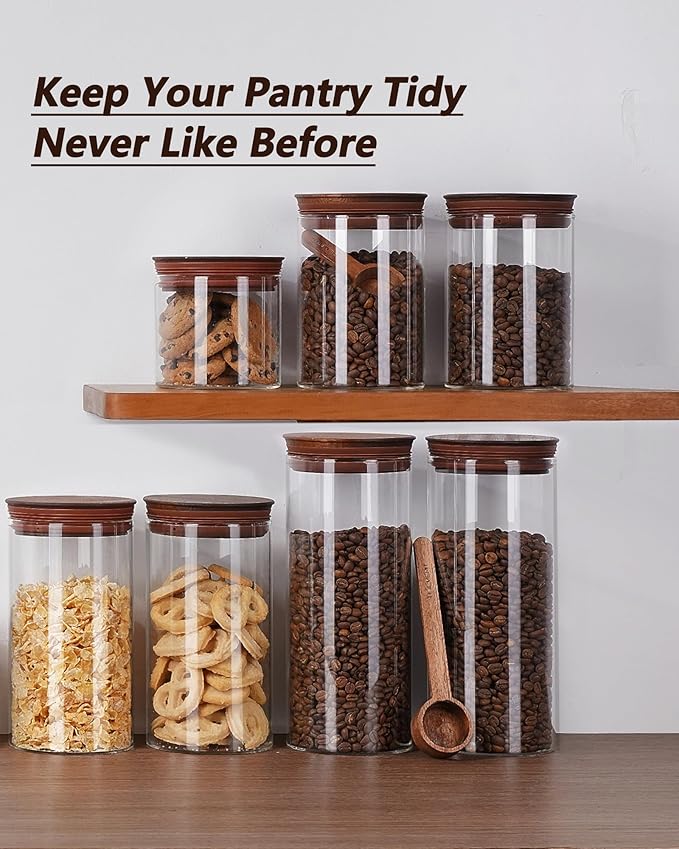 50 oz Coffee Canister with Scoop and Wooden Lids, Airtight Glass Coffee Jars Set of 2 for Ground Coffee, Coffee Beans Storage Container with Lids for Kitchen Brown Sugar, Coffee Bar