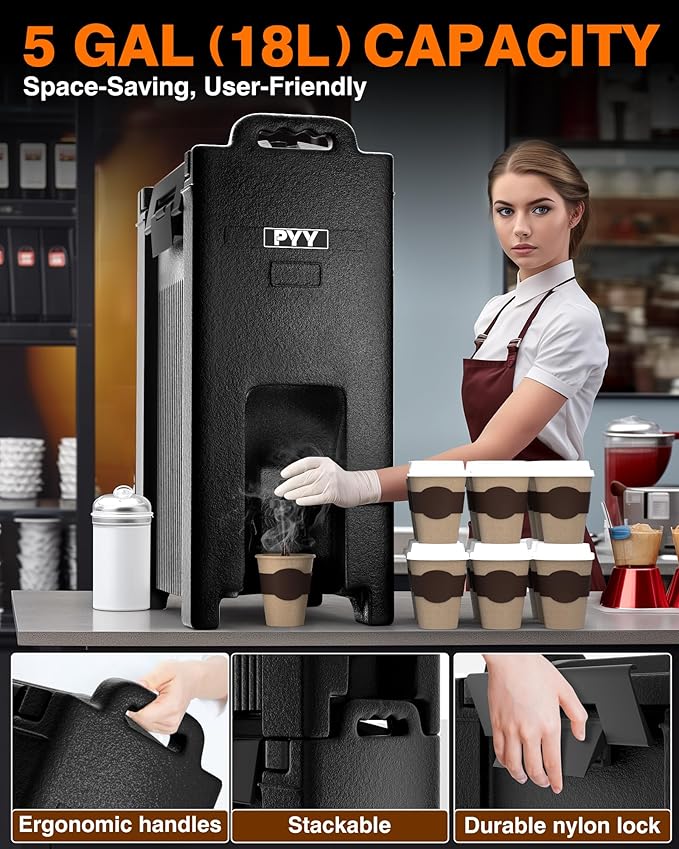 PYY Insulated Beverage Dispenser 5 Gallon - Hot and Cold Drink Container with Handles, Thermal Drink Dispenser Cooler Server carrier For Commercial Catering Black