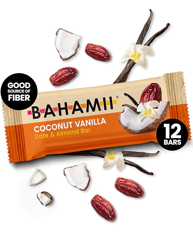 Bahamii Snack Bars, Made with Dates & Nuts, Healthy Snacks, Gluten Free, Good Source of Fiber, Only 6 Ingredients, For Kids & Adults, No Added Sugar, Vegan, 12 Pack, Coconut Vanilla