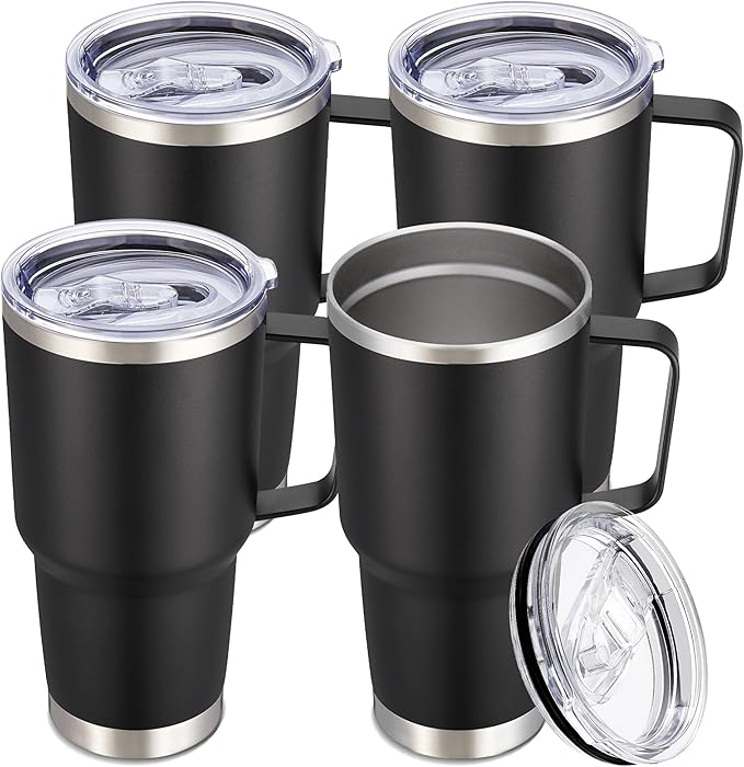 30 oz Tumbler with Handle and Lid, Stainless Steel Tumblers Bulk Double Wall Vacuum Insulated Travel Mug Leak Proof Cup Keep Drinks Cold and Hot Black, 4 Pack