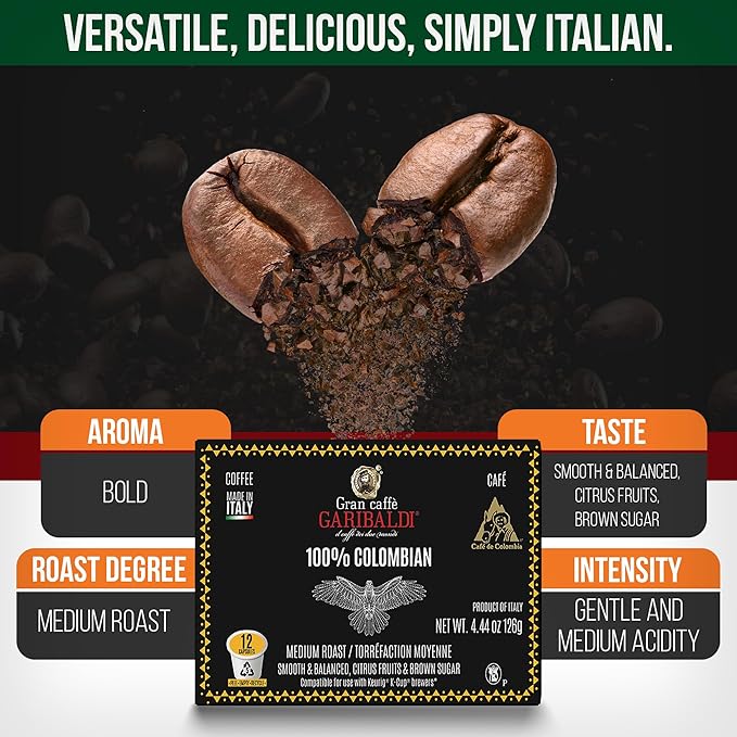 Caffè Garibaldi Colombian Coffee Pods, for Keurig K-Cup Brewers, Single Serve Cups with 100% Arabica Blend for Coffee Makers, 12 Count Recyclable Pods - Medium Roast
