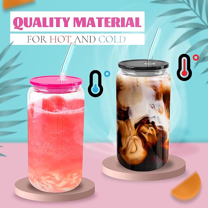 Joyclub 4pcs Glass Cups with Acrylic Lids and Straws 16 oz Can Shaped Glass Iced Coffee Cups with Lids and Straws, Cute Tumbler Cup Drinking Glasses for Smoothie Whiskey Boba Soda Tea Gift