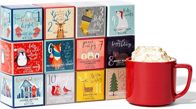 Thoughtfully Gourmet, 12 Days of Christmas Hot Chocolate Gift Set, Flavors Include Rocky Road, Cookies Butter, Pumpkin Pie & More, Set of 12