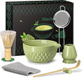 Matcha Whisk Set, 7 Pcs Matcha Kit, Ceramic Matcha Set Includes Matcha Bowl with Spout, Matcha Whisk and Holder, Bamboo Scoop, Scoop Rest, Sifter and Tea Towel (Matcha Green)