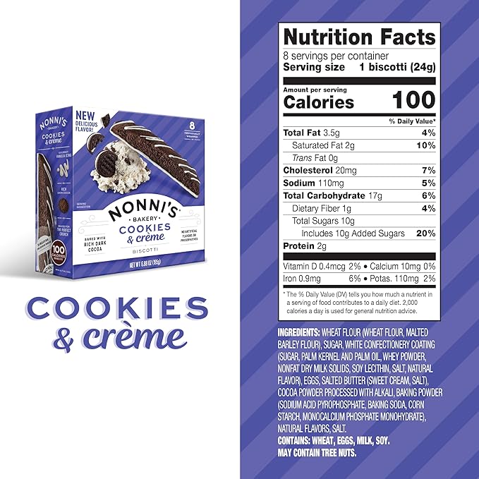 Nonni's Cookies & Crème Biscotti, Rich Dark Cocoa Cookie with Vanilla Icing, 8 Individually Wrapped Bakery Snacks, 6.88 oz, 6 Pack