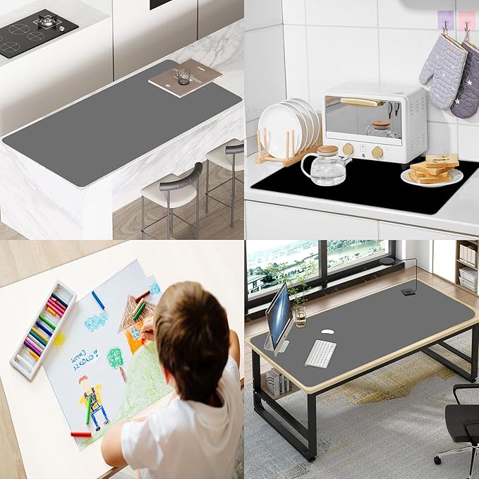 23.6"x15.7"(60cmx40cm) Silicone Mats for Kitchen Counter, Non-Slip Heat Resistant Countertop Protector, Waterproof Silicone Craft Mat for Kitchen Island, Black