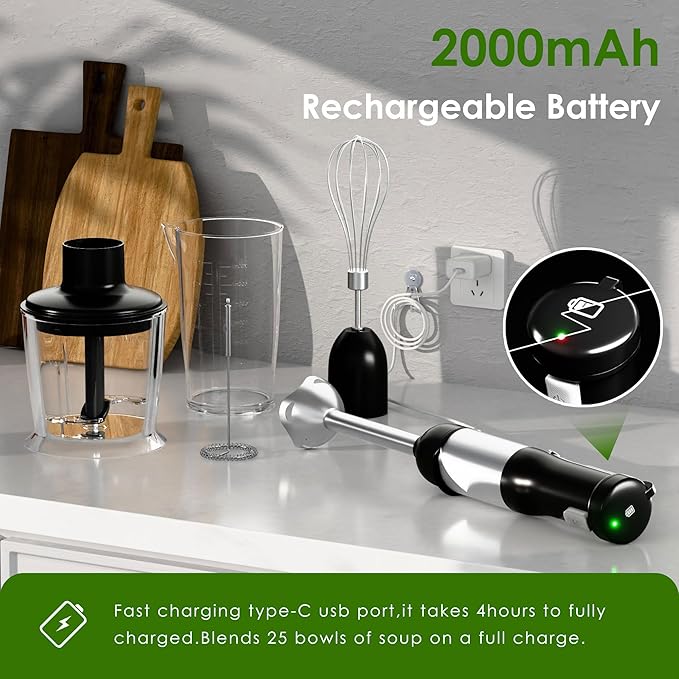 Cordless Immersion Hand Blender, 5-in-1 Variable Speed blender handheld,Rechargeable with 2000mAh Battery, BPA-Free & Dishwasher-Safe Accessories:700ml Beaker,Chopper,Whisk & Milk Frother,Ink