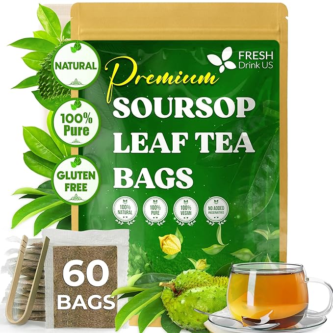 FreshDrinkUS, 60 Premium - The Top Soursop Graviola Leaf Tea Bags, 100% Pure & Natural from Soursop Leaves, Handmade, Made With Natural Materials-Corn Fiber Tea Bag, Sugar/Caffeine/Gluten Free, Hoja Guanabana Tea