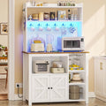 Itaar 35.4 inch Bakers Rack with Power Outlet and Storage, Farmhouse Coffee Bar Cabinet, Microwave Stand Kitchen Cabinet with Hutch, LED Lights, Wine Glass Holder and 8 Hooks，White